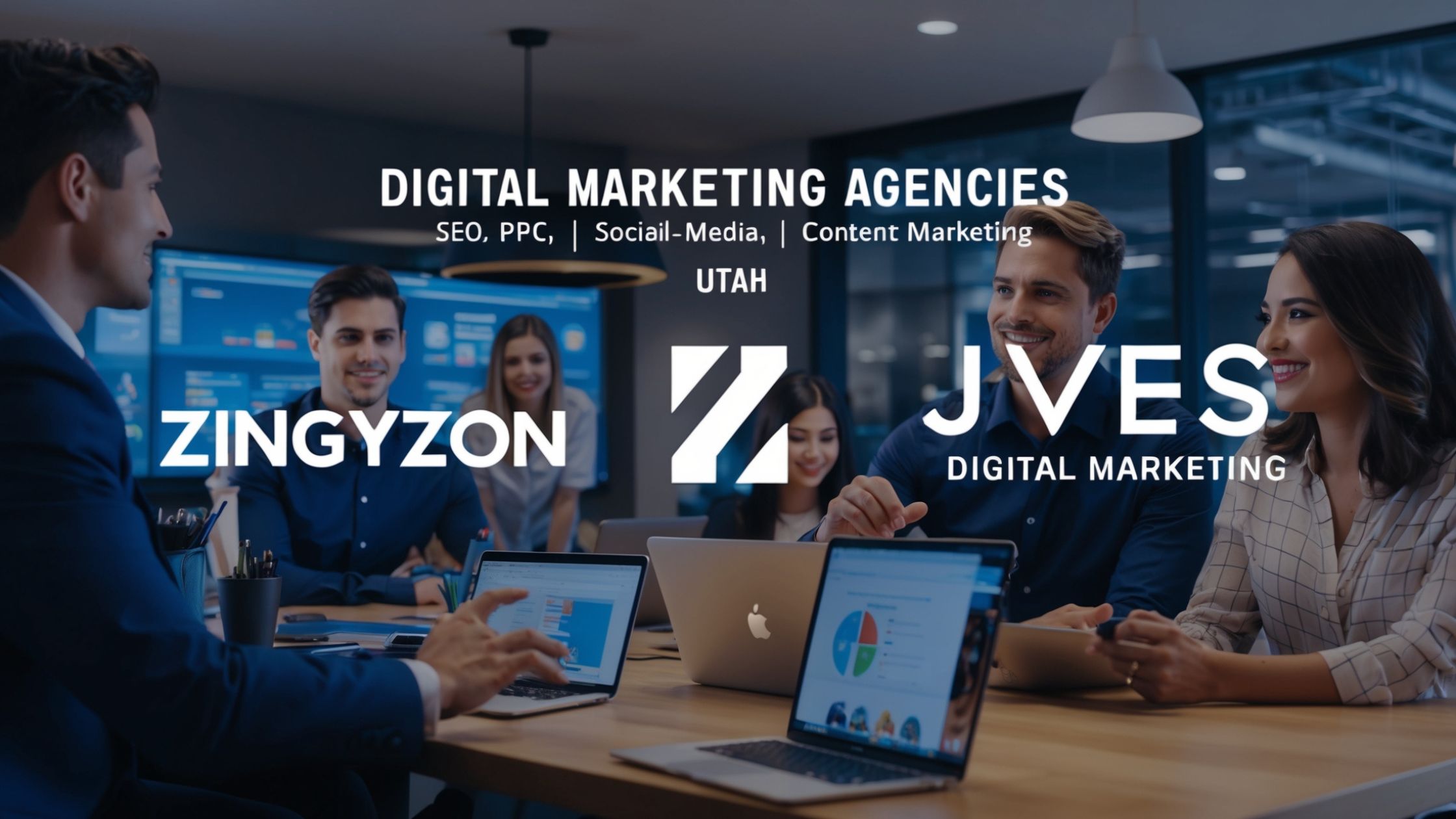 Featured image showcasing Zingyzon and Jives Digital Marketing logos with digital marketing elements like SEO, PPC, and social media in a modern workspace.