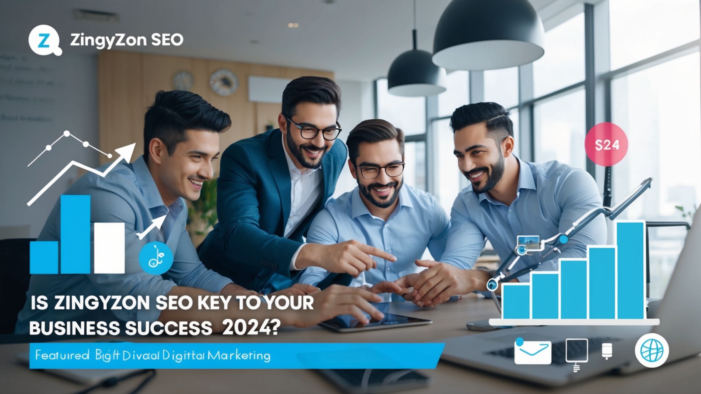 A diverse team collaborating in a modern office on SEO strategies, with graphs and charts displayed on digital devices, symbolizing business success in 2024. Zingyzon SEO